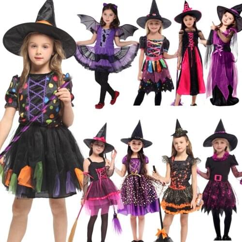 Halloween Kid Girls Witch Costume Silver Stars Printed Carnival Cosplay Dress with Pointed Hat Wand Dress Up Clothes