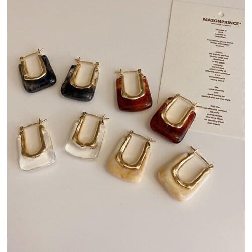 French Retro Geometric Metal Resin Earrings Female Port Style Temperament Wild Fashion Earrings Banquet Birthday Gift