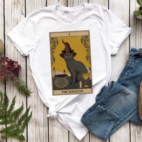 Tarot Cat Print T-shirt Funny Clothing Cartoon Womens Female Graphic T Shirt Cute T-Shirt Casual Tee Shirt Top