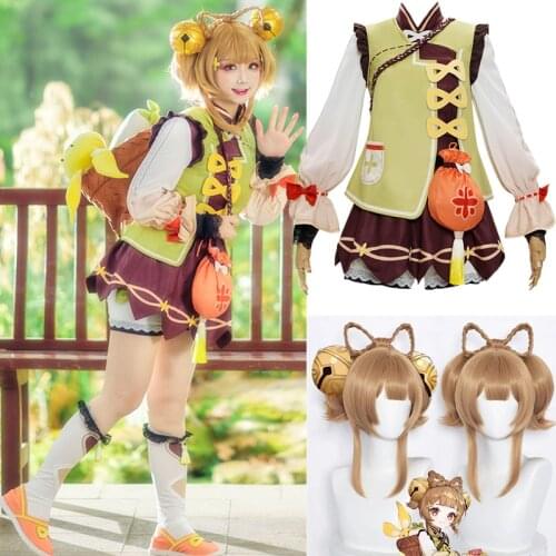 Game Genshin Impact YaoYao Skin Lolita Dress Cute Uniform Loli Outfit Cosplay Costume Women Halloween Yaoyao Cosplay Wig Shoes