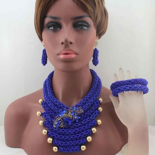 African Royal Blue Beads Jewelry Set Chunky Crystal Bib Statement Necklace Set Nigerian Wedding Gifts 2019 Free Shipping LK0026