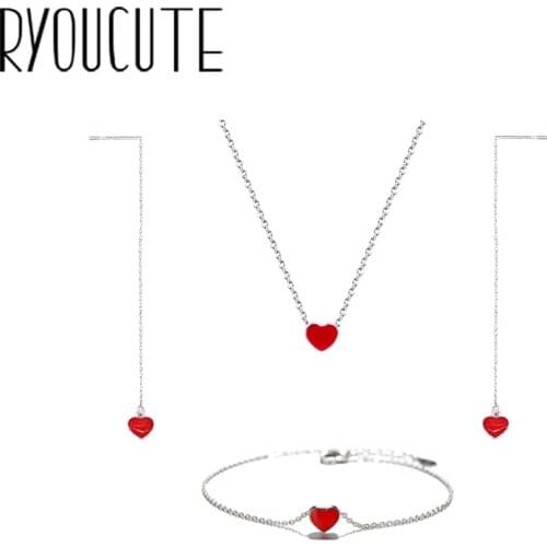 Korean Wedding Bridal Jewelry Sets Silver Color Red Heart Necklaces Bracelets Earring For Women