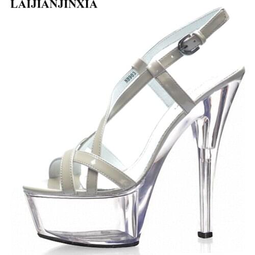 LAIJIANJINXIA New 15cm Sexy Super High Heel Platforms Crystal Sandals 6 inch women summer shoes Exotic sexy pole dancing Shoes