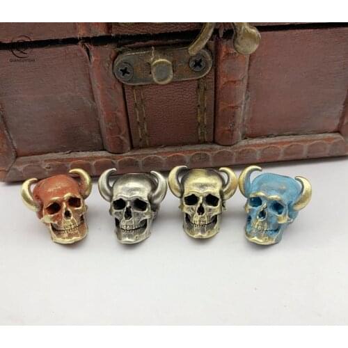 Goat Horn Skull Brass Knife Lanyard Pendant Copper Skeleton Head DIY Paracord Beads Umbrella Rope Car Keychain Hanging Accessory