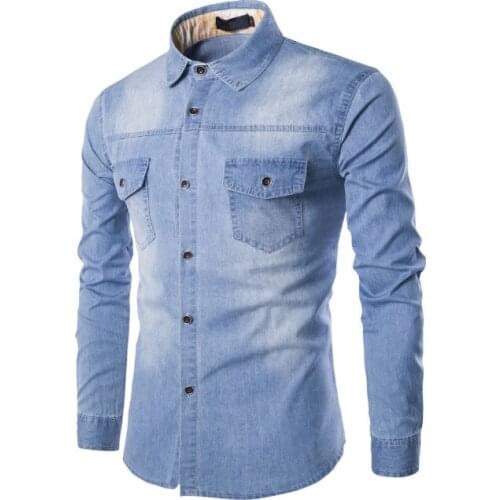 Pop New Denim Shirt Men Long Sleeve Slim Mens Jean Shirt Top quality Cotton Double Pockets Casual Male Cowboy Shirt Size 6XL