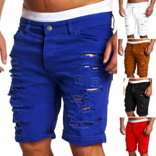 Mens Fashion Men Boy Skinny Runway Straight Short Denim Pants Runway Straight Destroyed Ripped Jeans Shorts Plus Size