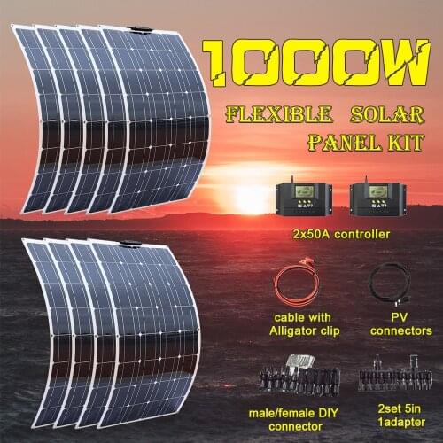 Flexible solar panel kit 10pcs 100W 1000w 12v or 24v battery cell for home with 50A controller cable PV adapter wire china