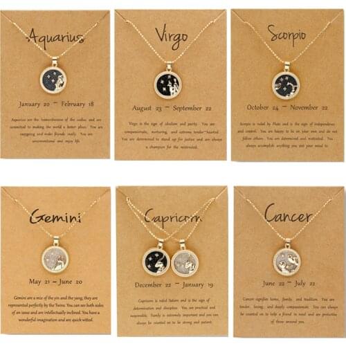 Day and night 12 Zodiac Sign Necklaces with Gift card constellations Pendant Gold chains choker For women Fashion Jewelry