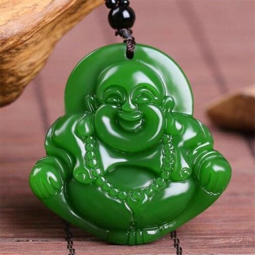 High Imitation Green Pendant Necklace Carved Money Buddha Pot-bellied Maitreya Amulet Women Fashion Jewelry Free Rope