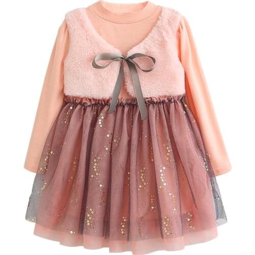 Baby Girls Stitching Dress Cashmere Vest Mesh Stitched Lace Princess Dresses Sequins 2020 New Spring Clothes Age For 3-7Y GDN36