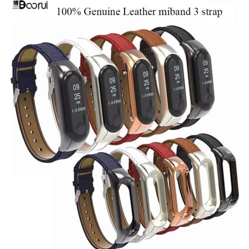 BOORUI Newest Genuine Leather Strap for Xiaomi Mi Band 3 Smart Watch Bracelet mi band 3 Strap mi 3 band accessories with 5 colos