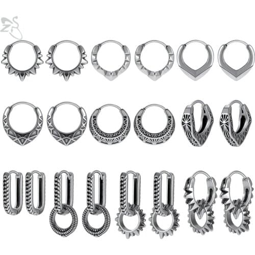 ZS 10 Styles Mens Gothic Punk Stainless Steel Hoop Earrings Hip Hop Rock Biker Round Earring Women Vintage Ear Piercing Jewelry