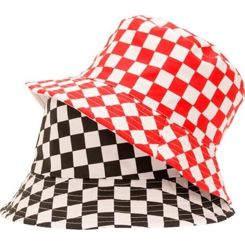 Grid hat Fishermans Hat Summer outdoor beach hat sun hat sun hat cool hat check double-faced art hat woman check hat