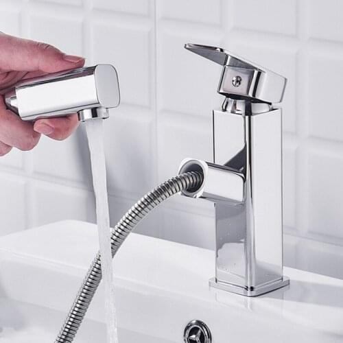 Bathroom Basin Faucet Square Pull Out Sprayer Sink Water Faucet Cold and Hot Water Mixer Tap Crane Single Hole kitchen Hardware
