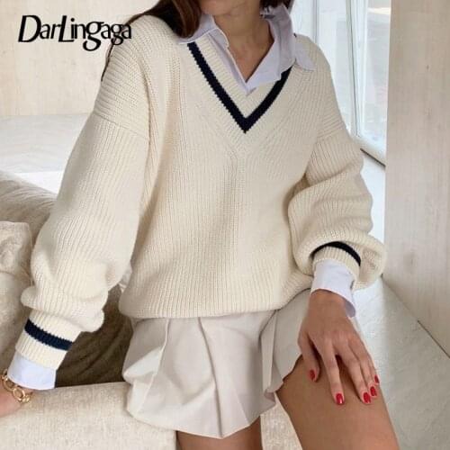 Darlingaga Fashion V Neck Stripe White Woman Sweaters Casual Loose Preppy Style Pullover Knitwear Autumn Winter Sweater Jumpers