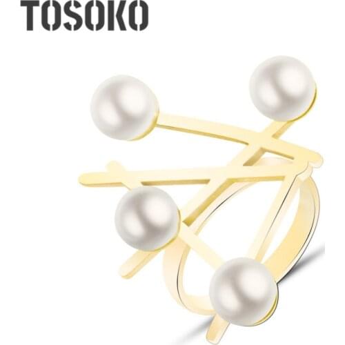 TOSOKO Stainless Steel Jewelry Cross Symbol Magazine Pearl Exaggerated Fashion Ring For Women BSA103