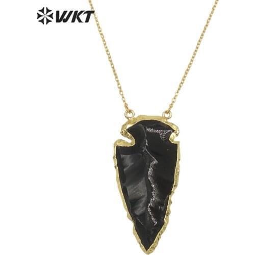 WT-N153!Double hooks black obsidian necklace ,arrow heads necklace with24K gold trim on edged
