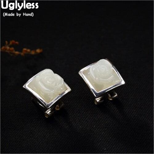 Uglyless 3D Carved Rose Flower Stud Earrings for Women Personalized Rhombus Studs Square Real Solid 925 Silver Fine Jewelry Jade