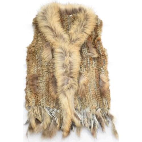 Womens Real Fur Vest Knitted Real Fur Waistcoat Rabbit with Raccoon Fur Knitted Outwear rf0004