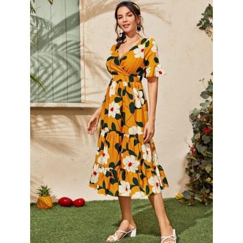 Womens Summer Fashion Casual V-Neck Short Sleeve Sexy Floral Print Beach Dress платье летнее женское 2021 roupas femininas