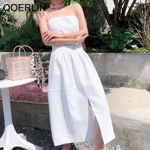 QOERLIN White Vest Dress Women Mid-Length Split Sling Women High Waist Slim Tea Break Tank Dress Elegant Chic Sleeveless Vestido