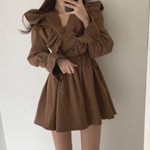 2021 Spring New Sweet Long Sleeve V-neck Flare Sleeve Women Dresses Korea Style Shirt Dress A-line Skirt With Ruffled And Sweet