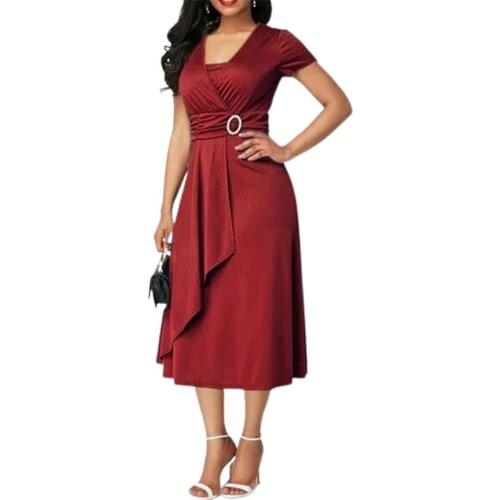 Ladies Dress Asymmetric Hem High Waist Temperament V Neck Tube Top Short Sleeve Dress for Evening Party Blue xxxl vestidos 2021