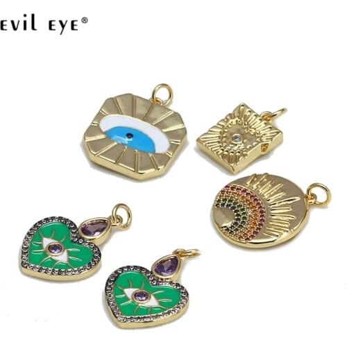 Evil Eye 1pcs Heart Round Colorful Zircon Pendant Gold Color Copper Pendant Charm for Necklace Bracelet Jewelry Making BE93