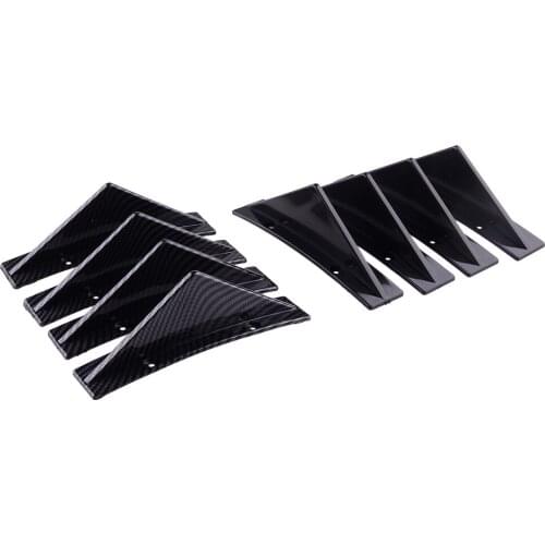 4Pcs Black/ Carbon Fiber Black Car Rear Bumper Curved Addon Wing Lip Diffuser Protector Shark Fin Spoiler ABS Universal