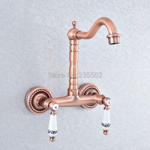 Antique Red Copper Bathroom Kitchen Sink Faucet Mixer Tap Swivel Spout Wall Mounted Double Handles Lsf888