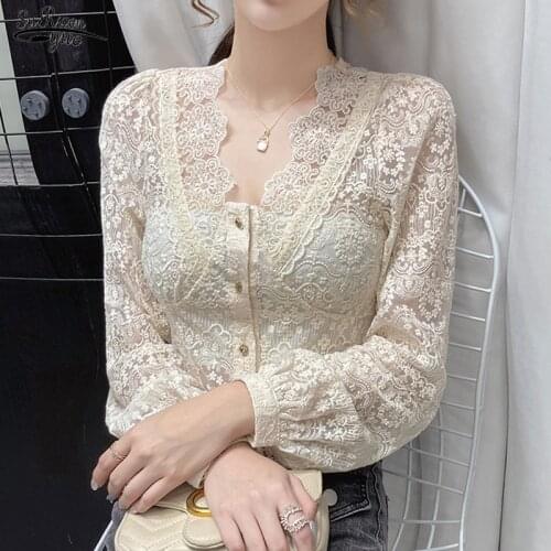 Blusas Mujer De Moda 2021 Long Sleeve V-Neck Blouse Women Apricot Hollow Lace Blouse Shirt Tops Women Blusa Women Clothing 14187