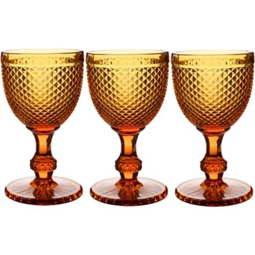 Wine Glasses Set of 3 300ml Amber Red Wine Glass Goblets10 oz for Friends Family Party Wedding Vintage Pattern Embossed