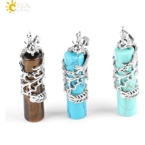 CSJA Phoenix Bird Animal Pendants Pillar Pendulum Natural Gem Stone Tiger Eye Lapis Lazuli Black Onyx Healing Reiki Jewelry E588