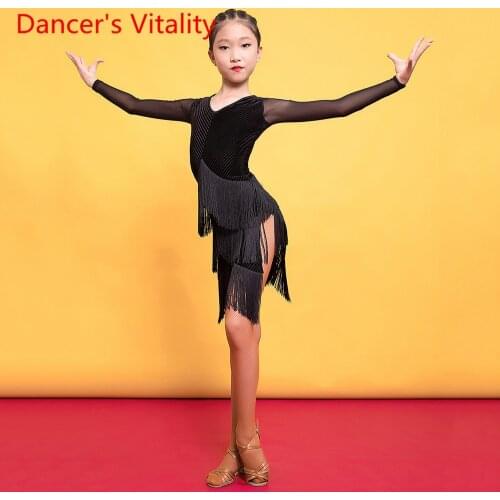 Childrens Latin Dance Performance Clothing Autumn And Winter Tassel Dress New Female Children Professional Competition Clothes