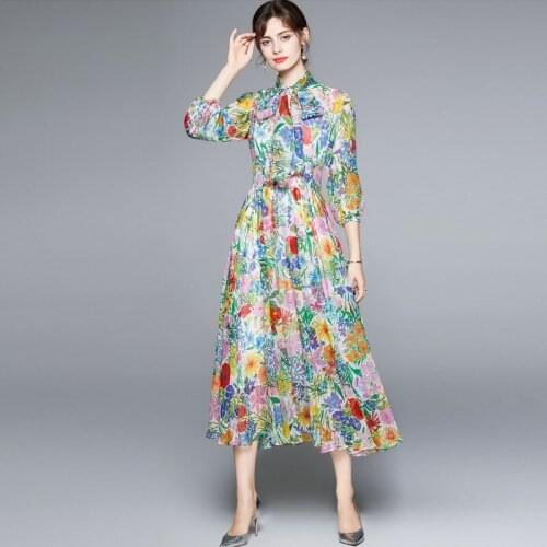 Summer Runway Floral Midi Vacation Party Dresses Elegant Vintage Printing High Waist Lace Up Bow Collar Chiffon Casual Dress