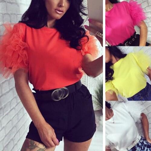 Summer New Fashion Women Tulle Ruffle Short Sleeve T Shirt Ladies Loose Casual Top Streetwear