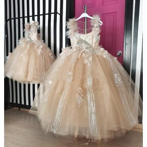 New Champagne Tulle Handmade Flowers Girls Dresses Pageant Gown Sheer Neck Ball Gown Children Elegant Prom Party Dress