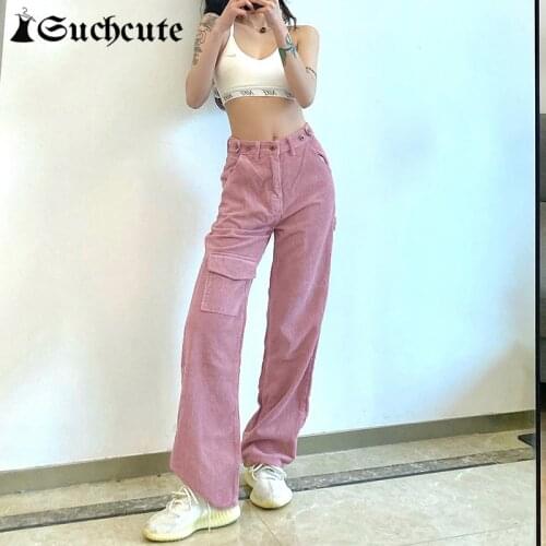 SUCHCUTE Solid Womens Straight Pants With Pocket Low Waist Y2K Pink Corduroy Trousers Streetwear Fashion 90s Casual Outfits