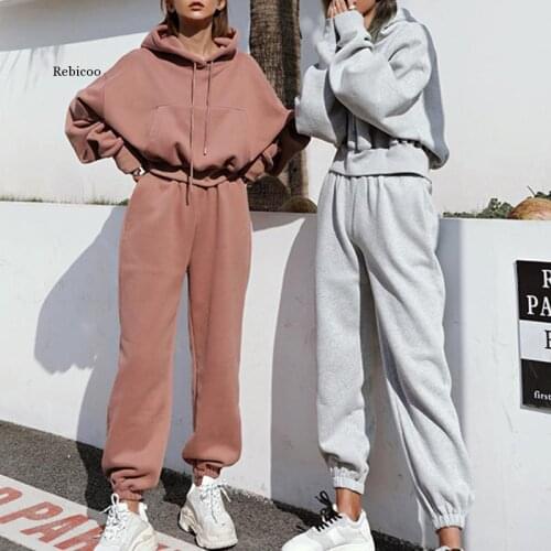 Solid Tracksuit Women Two Piece Set Autumn Winter Clothes Hooded Oversized Sweatshirt Top Sweatpants Sports Jogging Suit Outfits