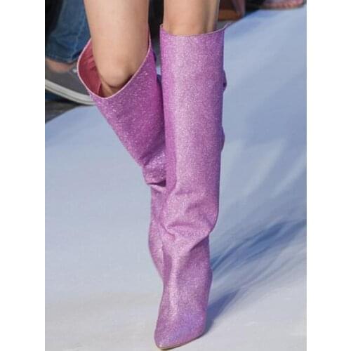 Top Fashion Women Brand Bling Bling Sequins Butterfly Knot Bow Ties Back Pointed Toe Zip Side 80 mm Knee High Long Boots Lady