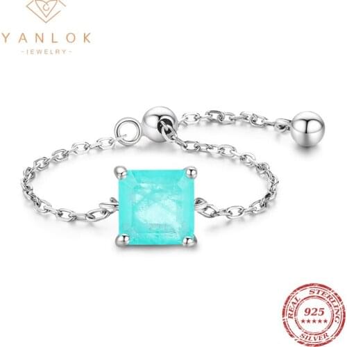 YANLOK Trendy New 925 Sterling Silver Paraiba Tourmaline Chain Adjustable Rings For Women Wedding Engagement Jewelry Anel