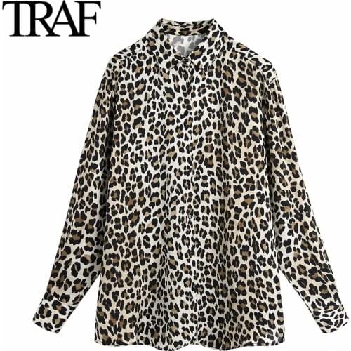 Traf Za Women Clothing 2021 Spring Autumn Long Sleeve Blouses Street Chic Loose Satin Shirts Leopard Print Ladies Buttoned Tops