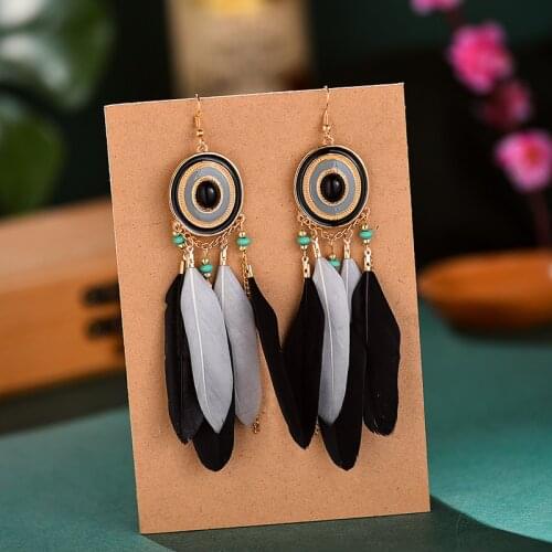 Boho Black feather earring Bohemian vintage long Chain tassel beads Round Alloy earrings for women jewelry