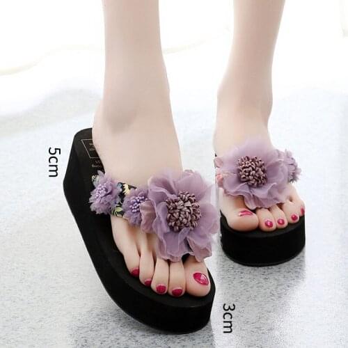 New Women Manual Bohemia Flowers Flip Flops Thick Sole High Heel Beach Sandals Non-slip Big Size Summer Slippers Wedge Shoes