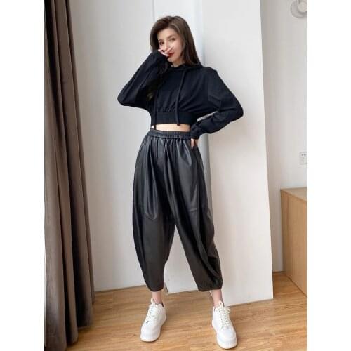 Genuine Leather Pants Women 2021 Winter Autumn Korean Fashion High Waist Streetwear Womens Trousers Plus size