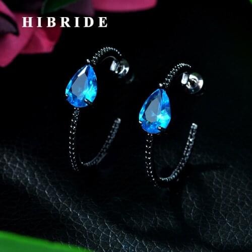 HIBRIDE Trendy Geometric Blue Hoop Earrings for Women Accessories Full Cubic Zirconia Earrings Jewelry pendientes mujer E-113