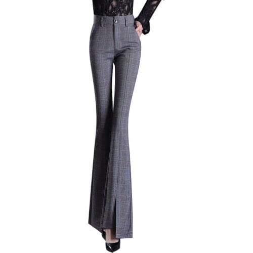 ACRMRAC Women New style Spring and autumn lattice Slim Thin section High waist Skinny Full Length Pants Casual Flare Pants