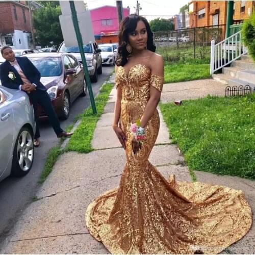 Off Shoulder Gold Sparkly Prom Dresses Sequined Long 2020 for African Black Girls Plus Size Formal Dresses Prom Evening Gowns