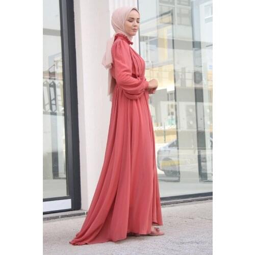 Tail And Belt Detailed Hijab Womens Evening Dress Muslim Hijab Chiffon Eid Mubarak Party Evening Long Dress Islamic Clothing