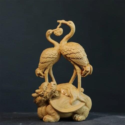 15cm Boxwood Dragon Turtle Crane Sculpture Wood Craft Elders Gift Feng Shui Birthday Tortoise Crane Home Decor